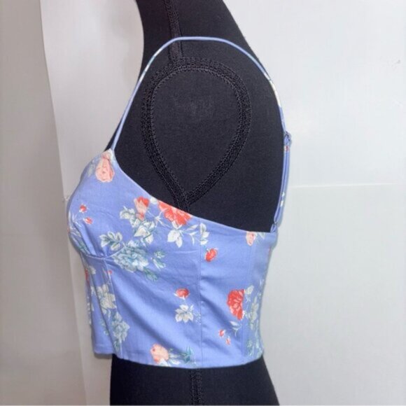 Zara Top Medium Blue Floral Ruched Back Crop Bustier Spaghetti Hook Eye Closure - Picture 9 of 13